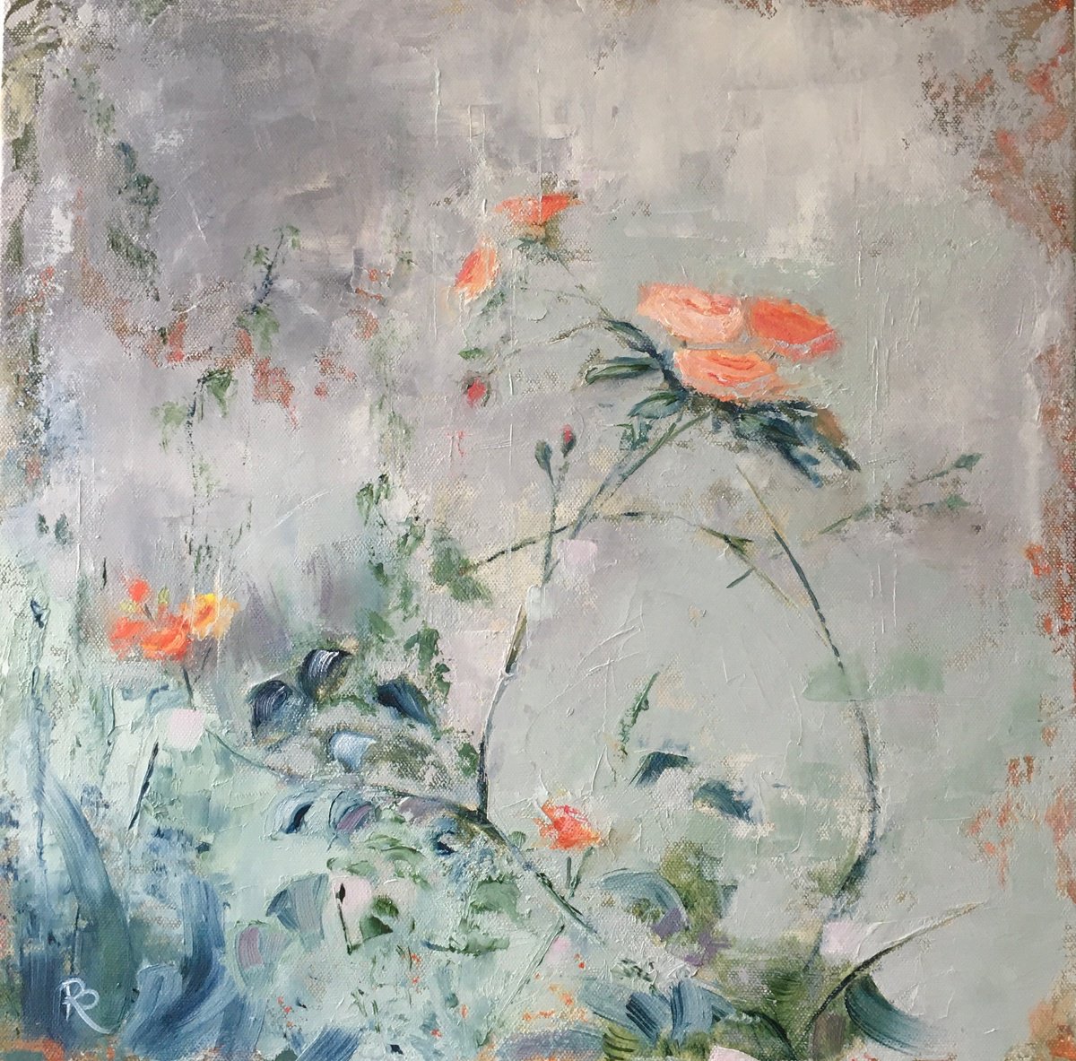 Organic Botanical Oil Painting By Rebecca Pells, 16 X 16", La Rose Abricot, Original Artwork