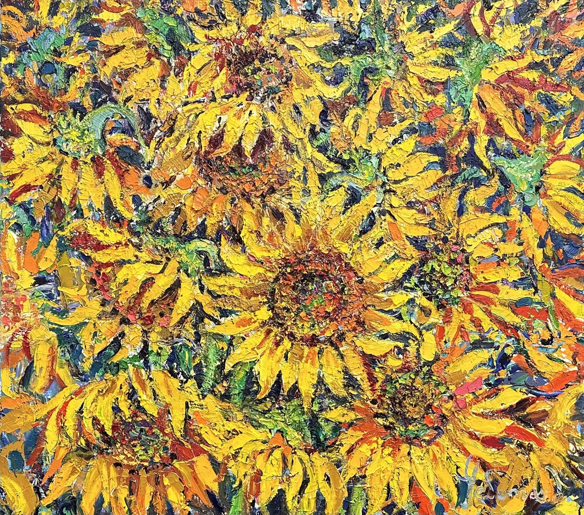 Impressionistic Botanical Oil Painting By Andrii Chebotaru, 35 X 31, Sunflowers, Original Artwork