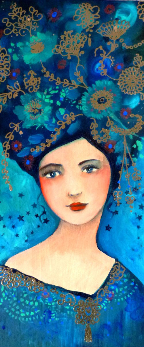 Blue destiny .40x 20 cm on wood by Loetitia Pillault