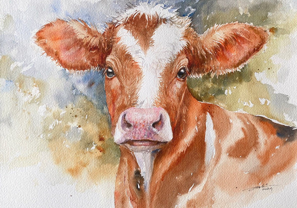 Photorealistic Watercolour , Buttercup_Cow By Arti Chauhan, 14 X 10, Artwork For Sale On Artfinder