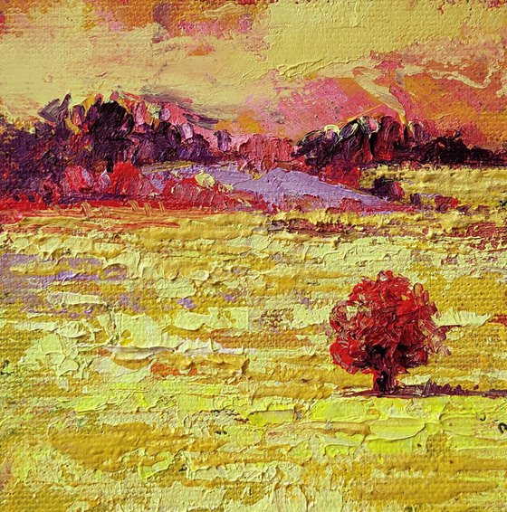 Modern landscape oil painting original 4x4, Vibrant Summer yellow art, Mini acrylic painting mom gift