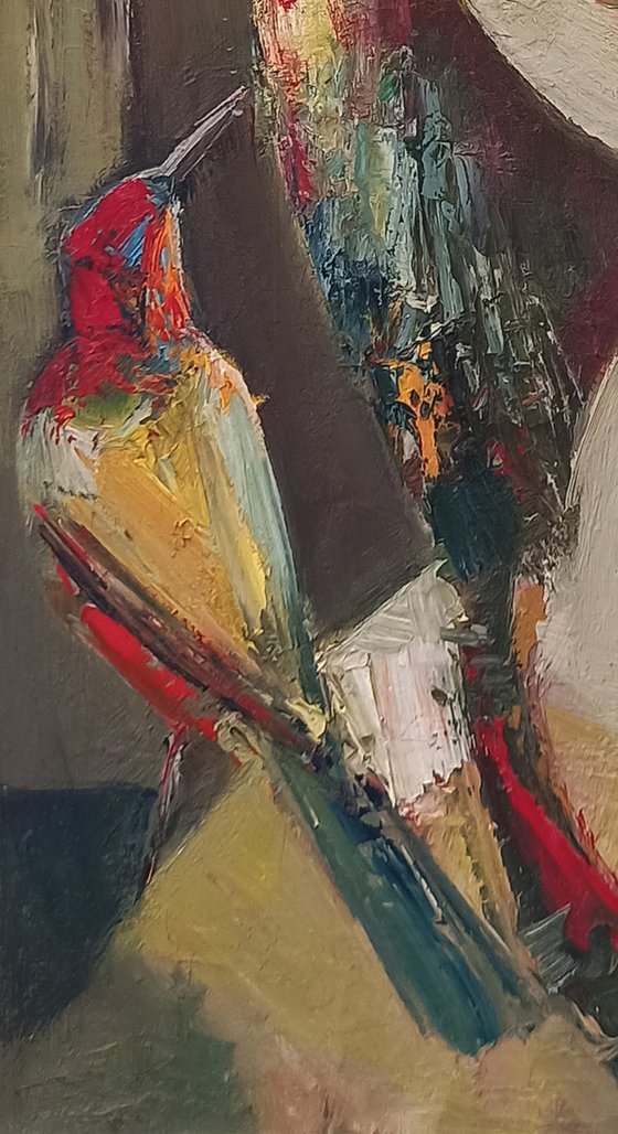 Girl with bird 40x30cm ,oil/canvas, abstract portrait
