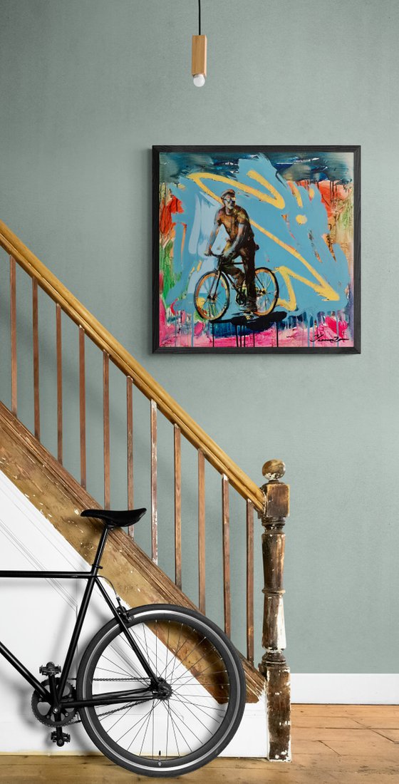 Bright painting - "Ukrainian cyclist" - Urban Art - Pop Art - Bicycle - Street Art