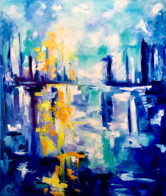 Abstract Blue Dream city, variations of blue colours: ultramarine, navy blue, turquoise, sky blue, cobalt, palette knife original artwork.