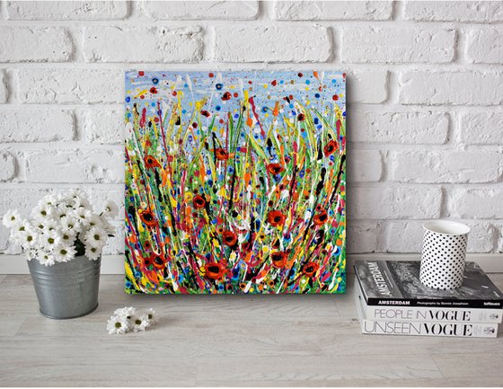 Poppy Meadow II - Wildflower field Painting, Textured Wall Art