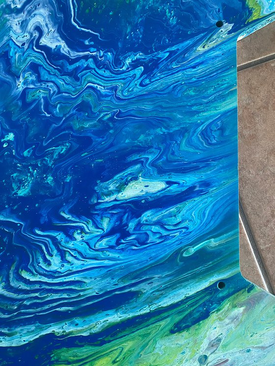 "Atomic Ripple" - Original Abstract PMS Fluid Acrylic Painting on a Recycled Desk Panel - 30 x 18 inches