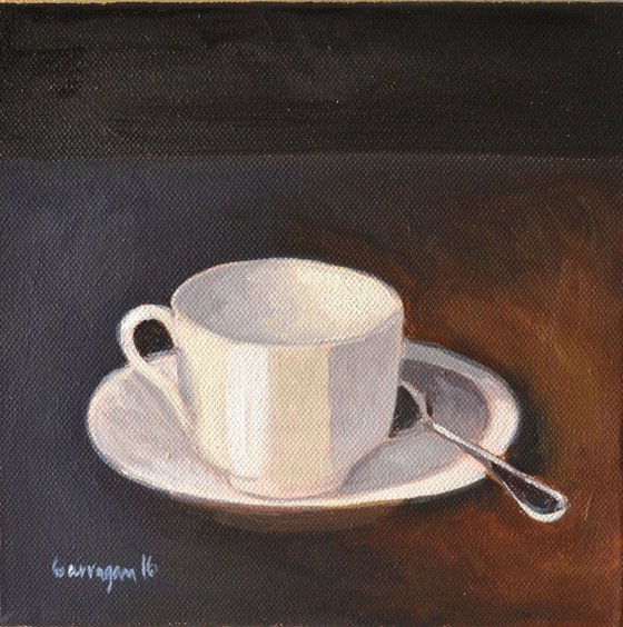 My Little Tea Cup with Spoon Still Life Oil Painting with Lacquered Golden Leaf