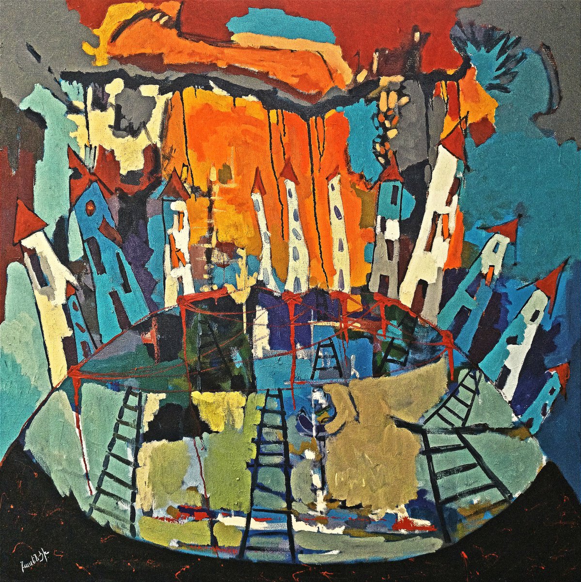 Abstract Oil Painting By Artyom Basenci, 39 X 39, Ladders To Nowhere, Original Artwork