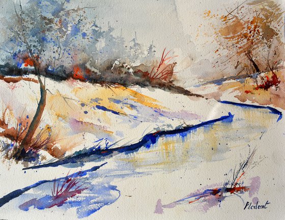 River in winter -watercolor