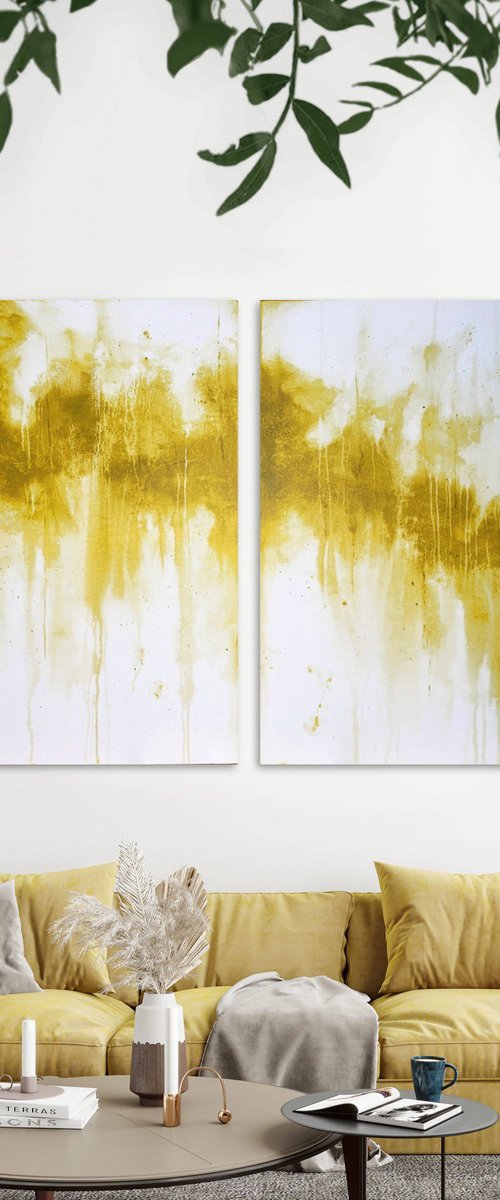 Abstract Yellow Ochre Oversize Large Diptych I by Carol Wood