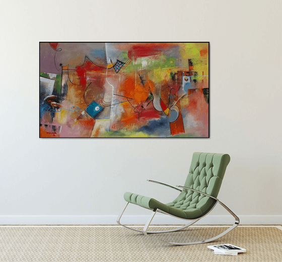 The Heat Of The Day, Large abstract painting, Original art, Oil on canvas, horizontal painting 82x145 cm, red tones