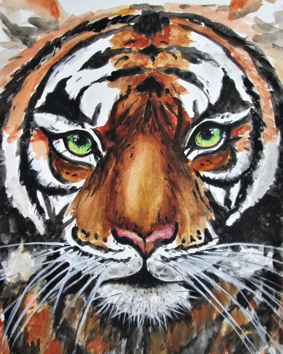 Expressive Animal Watercolour By Marjansart, 10 X 11", Tiger Portrait, Original Artwork