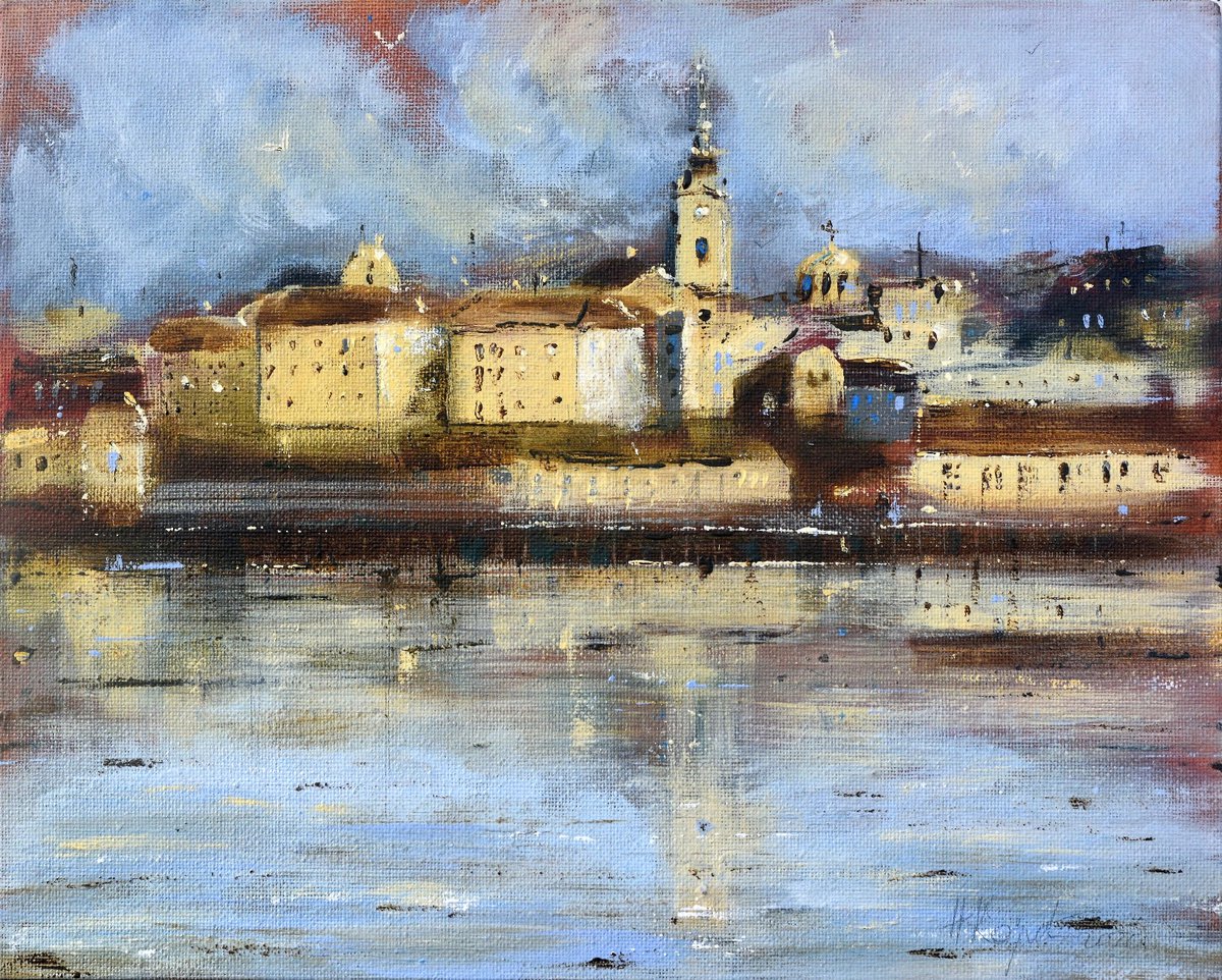 Sunny old Belgrade and Sava river 24x30cm 2021 by Nenad Kojic watercolorist