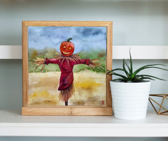 Halloween Watercolor Painting Original, Scarecrow Artwork, Spooky Season Wall Art