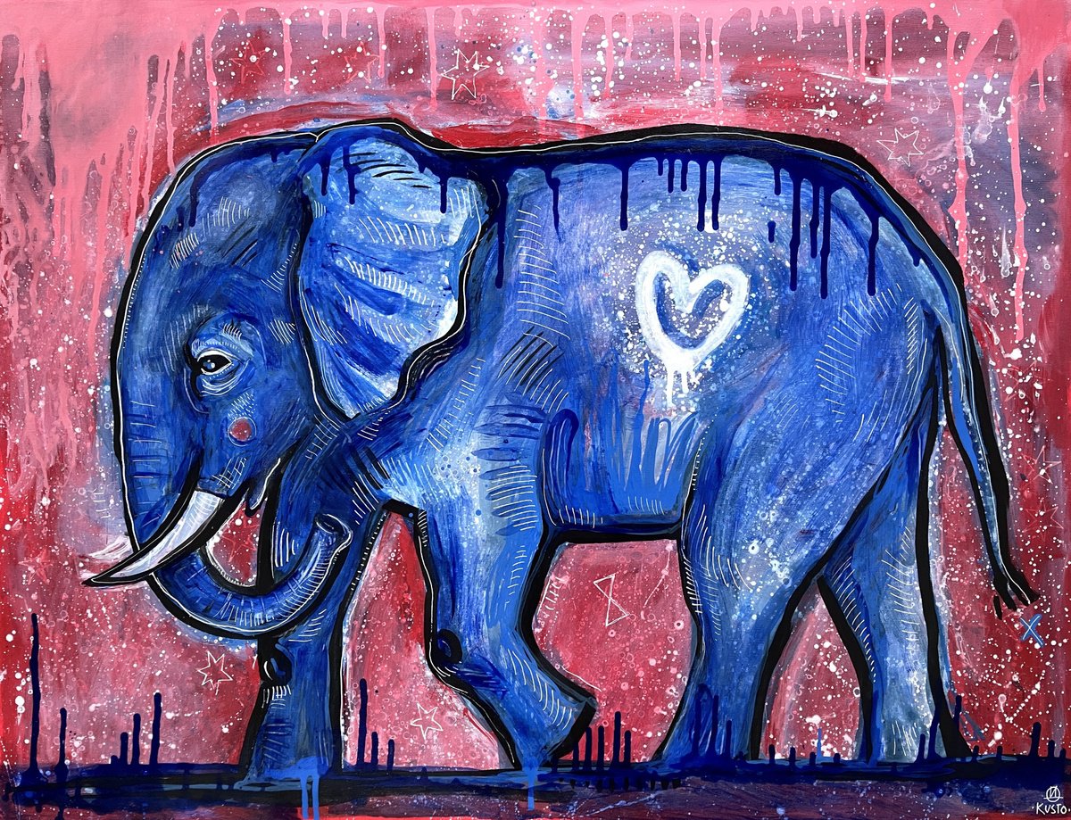 Impressionistic Animal Acrylic Painting By Daria Kusto, 37 X 29, Cosmic Elephant, Original Artwork