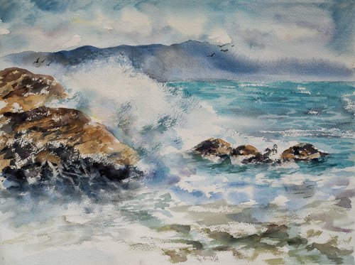 Surf wave in Cadaques, Spain - original watercolor by Delnara El
