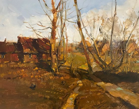 Village Path, Handmade oil painting One of a kind
