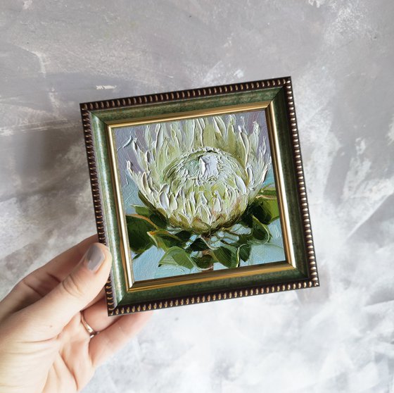 Small painting 4x4 framed white protea flower art original, Unique protea wall art, Floral art oil painting gift for girlfriend