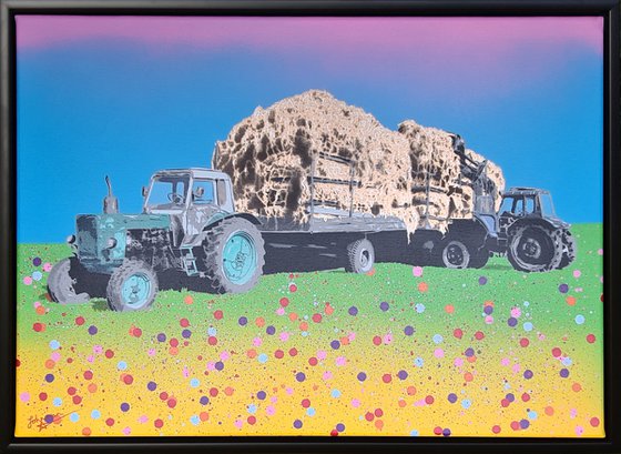 "Make Hay (Yellow)" - Contemporary vibrant bales meadow landscape splatters of spray paint Urban Graffiti Pop Art style artwork with Tractors in a meadow.