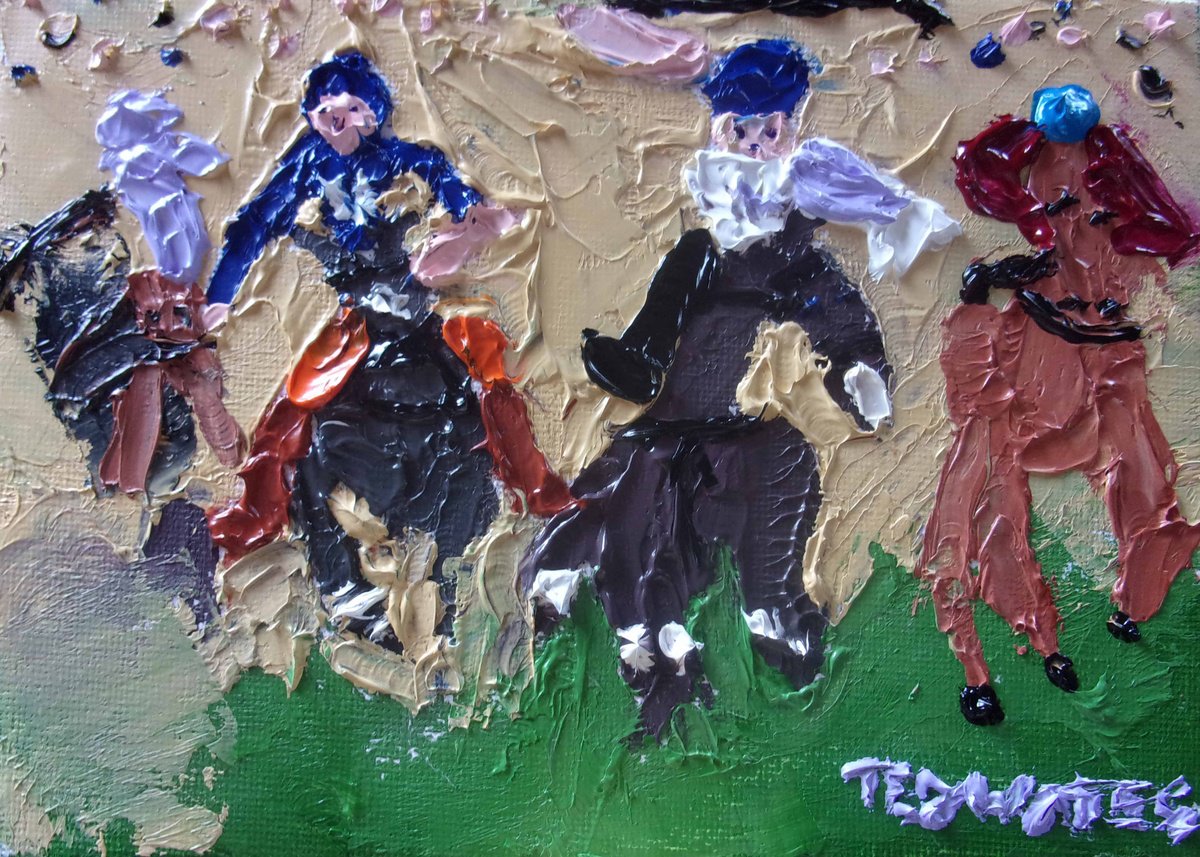 Naive Portrait Oil Painting By Ted Wates, 7 X 5", Horse Racing, Original Artwork