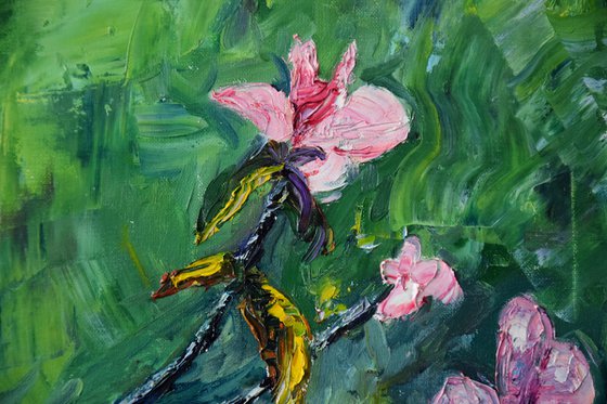 Spring flowers oil painting on canvas, pink flower, green wall art