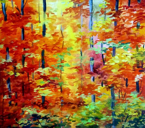 Beauty of Autumn Forest - Acrylic painting on Canvas by Samiran Sarkar