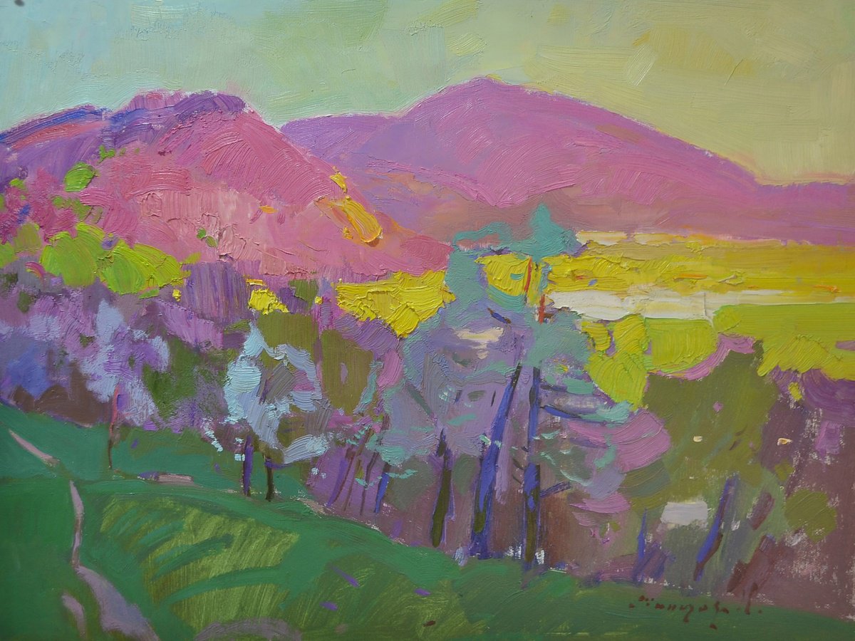 Impressionistic Landscape Oil Painting By Alexander Shandor, 25 X 19, The Day Goes By, Original Artwork