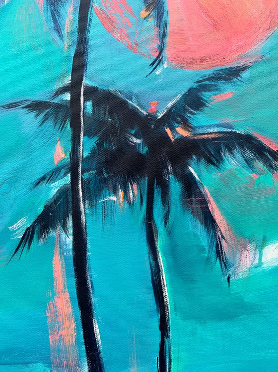 Delicate painting - "Pink moon" - Pop Art - palms and sea - night seascape - 2022