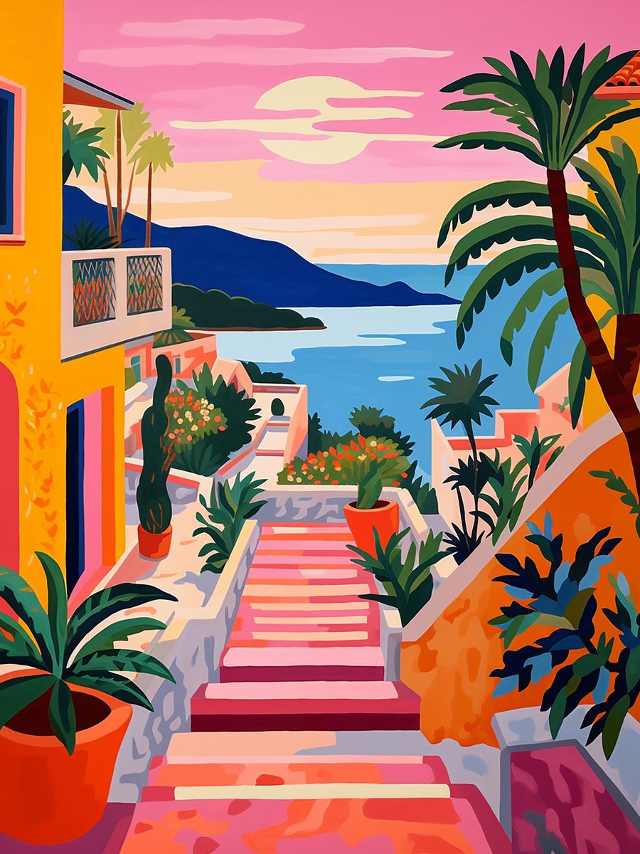 Illustrative Landscape Acrylic Painting By Kosta Morr, 24 X 31", Stairway To The Sea, Original Artwork