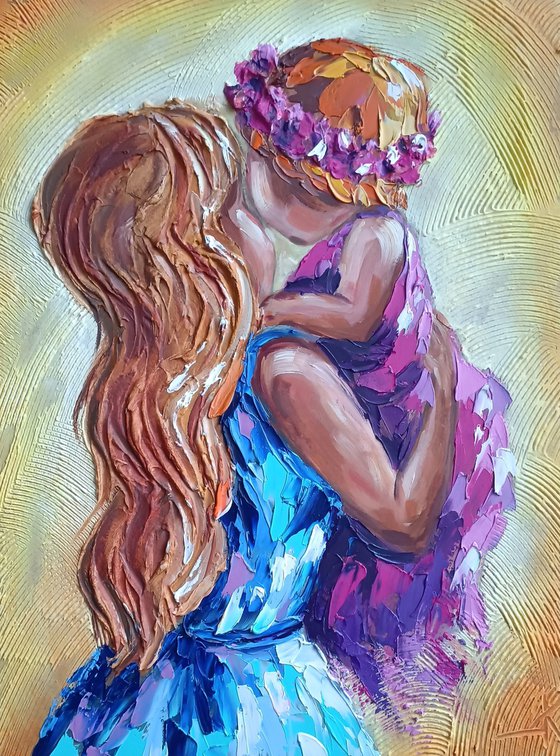 Tenderness - oil painting, mother's love, love, mother, baby, mom and baby, people oil painting, child