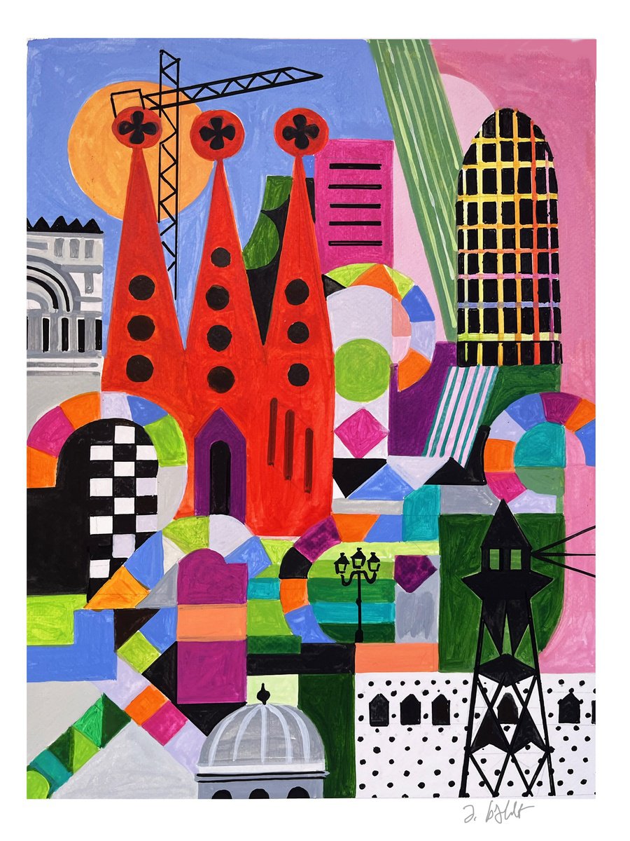 Urban And Pop Cityscapes Acrylic Painting By Andre Baldet, 13 X 17, Barcelona-06, Original Artwork