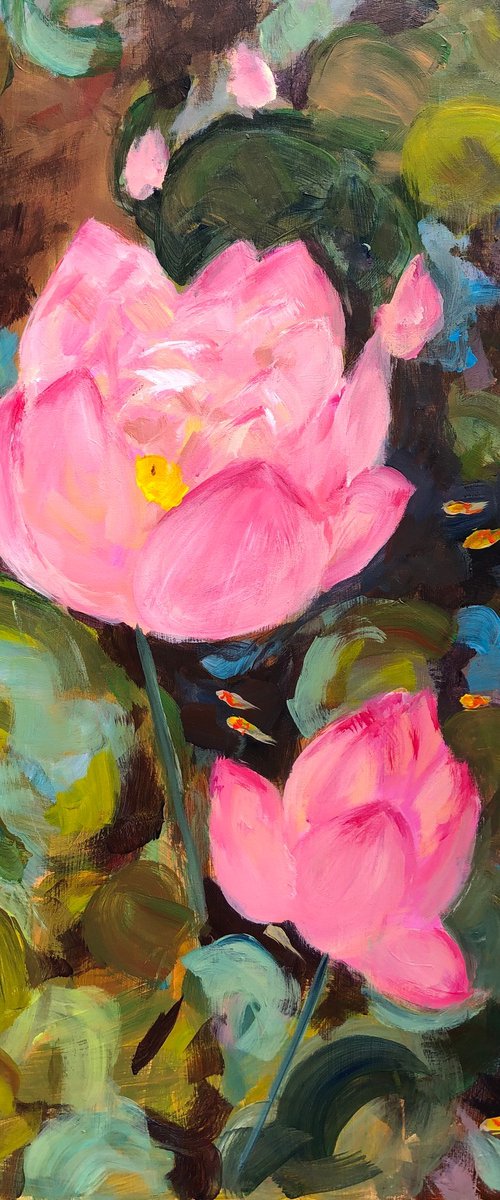 Lotus pond with gold fish by Shelly Du