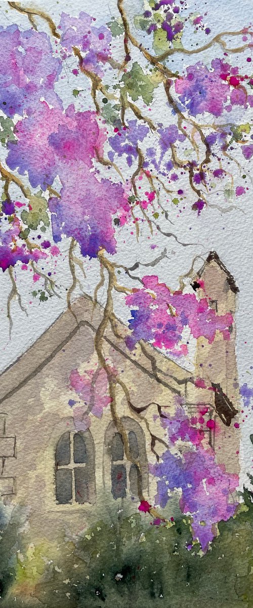 Stone House with Jacaranda by Shelly Du
