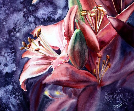 ORIGINAL Lily Flowers in Watercolor - Botanical Art - Floral Painting