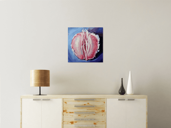 JUST GRAPEFRUIT _ oil on canvas, pink, erotic art, fruit, office decor, pop art, purple blue, nude