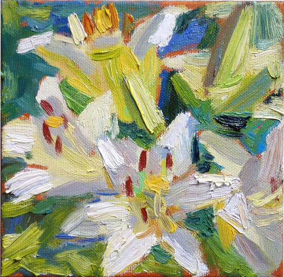White Lilies etude . Summer Flowers original oil painting modern bouquet
