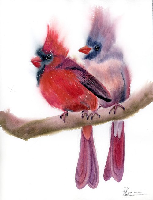 Two Red Cardinals Original Watercolor by Olga Shefranov (Tchefranov)