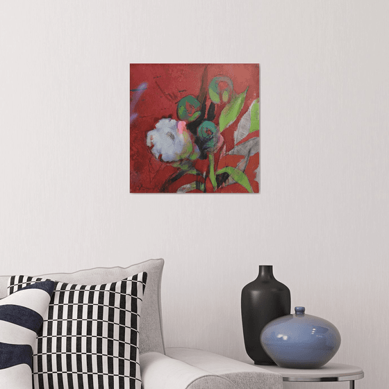 White peonies modern mixed media painting