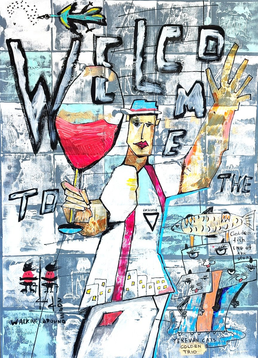 Urban And Pop Portrait Acrylic Painting By Gurgen Arutunyan, 20 X 28, Welcome To The Triangle, Original Artwork