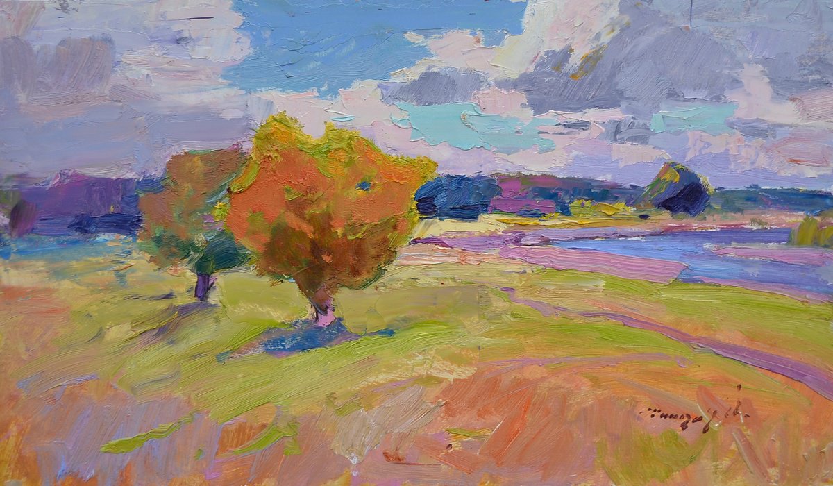 Impressionistic Landscape Oil Painting By Alexander Shandor, 26 X 15, Reflection Of Summer, Original Artwork