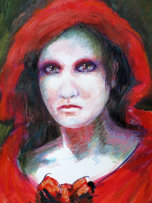 The Red Riding Hood-Le Chaperon Rouge - medium size - work on paper - 36X51 cm by Fabienne Monestier