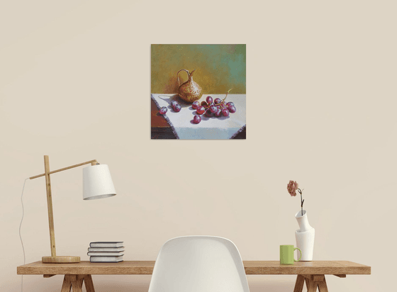 "Still life with grapes and an old brass jug." still life grapes old brass jug summer  liGHt original painting  GIFT (2020)