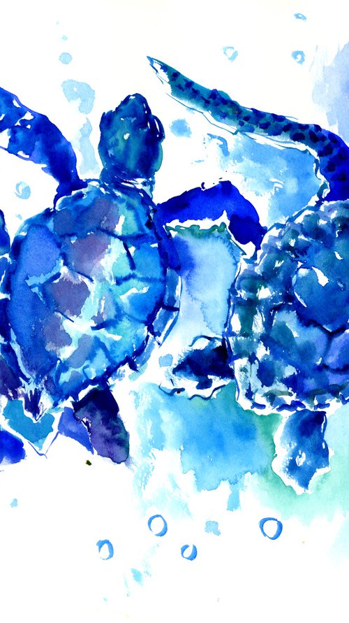 Turtle Painting, Blue Sea Turtles by Suren Nersisyan