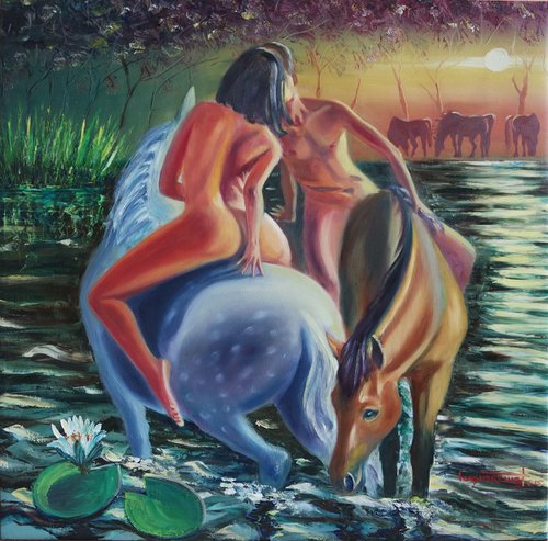 NUDE COUPLE RIDING ON HORSES IN A POND UNDER MOON LIGHT Impressionist Oil Painting by Ion Sheremet