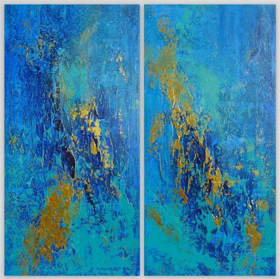 Large Blue and Gold Abstract Textured Painting. Modern Art on Canvas with Structures. Dyptych