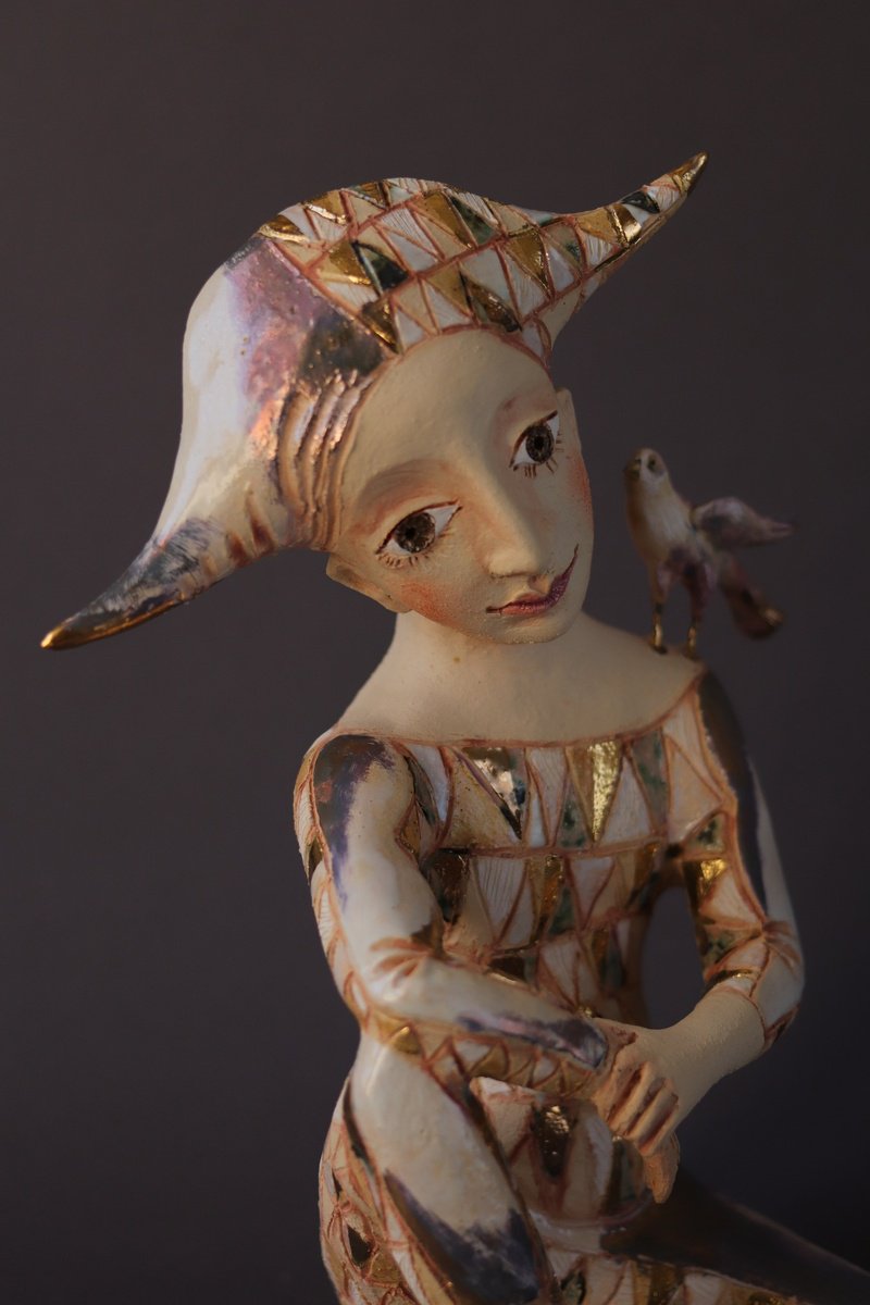 Impressionistic Clay Sculpture , Harlequin With A Golden Bird. By Elya Yalonetski, 6 X 12, Artwork For Sale On Artfinder