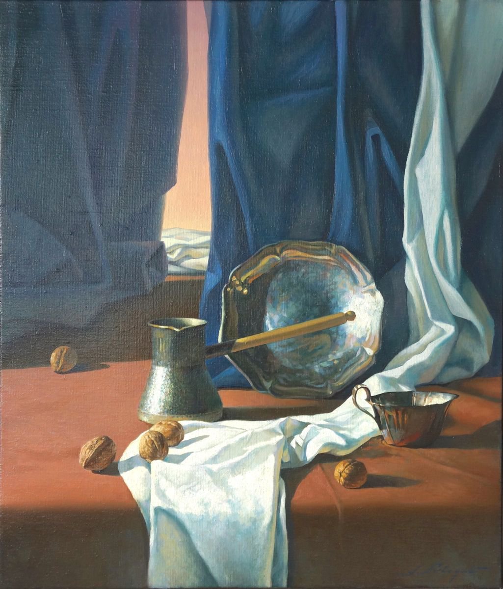 Photorealistic Still Life Oil Painting By Sergej Sologub, 24 X 28", Still Life With Metal Plate, Original Artwork