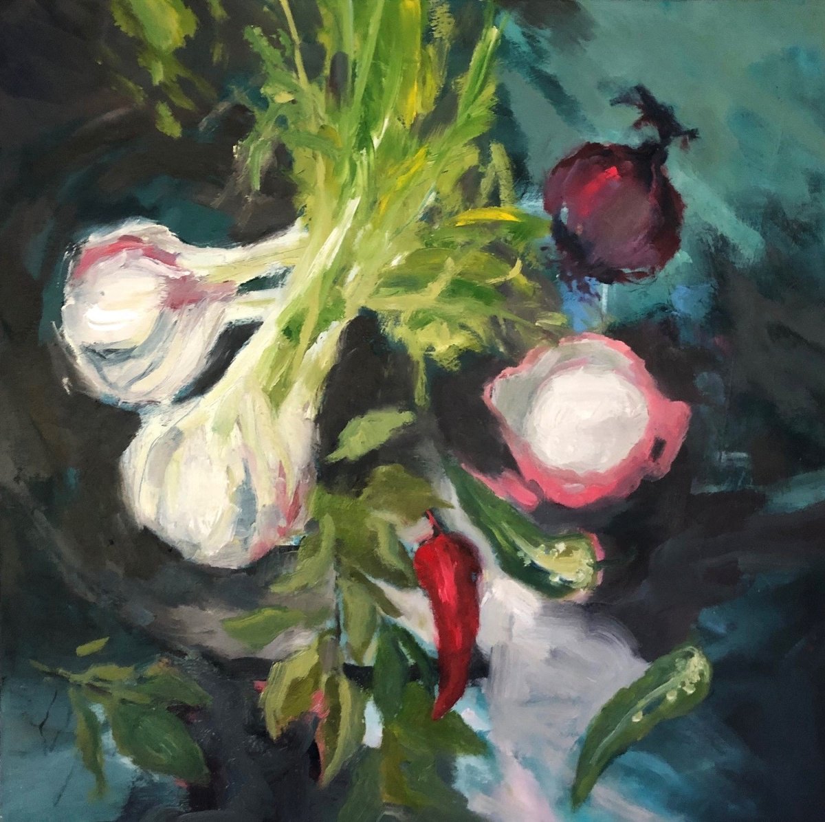 Impressionistic Still Life Oil Painting By Joanna Farrow, 25 X 25, Fennel And Chillies, Original Artwork