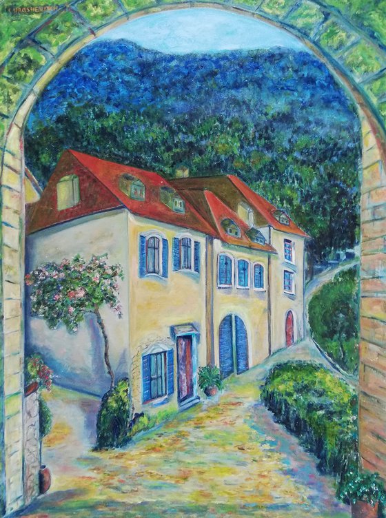 Original Large Oil Painting of Italian Countryside Tuscan Village Houses in Mountains under the Arch Modern Office Art Decor Landscape (Green and Yellow)