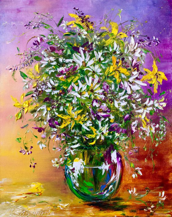 SUMMER FIREWORKS - Amazing bouquet. Bright flowers. wild lilies. Summer bouquet. Floral still life. Yellow. Vase.